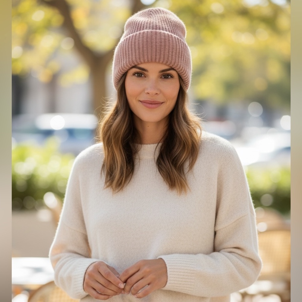 Hat Attack Wool Alpaca Color Bar Beanie Hat Blush Pink Cuffed Ribbed Knit NWT